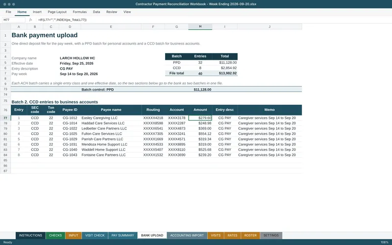 Contractor Payment Reconciliation Workbook: Bank upload ccd