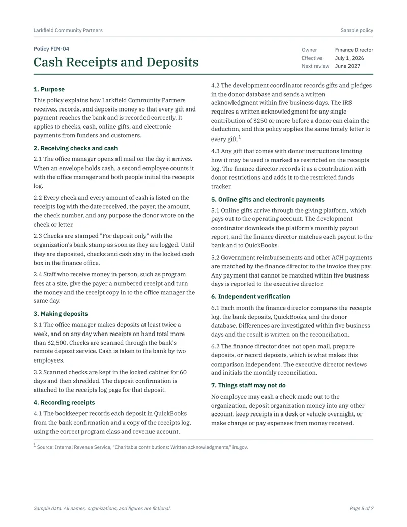 Financial Controls Toolkit: Controls PDF page 5 cash receipts policy